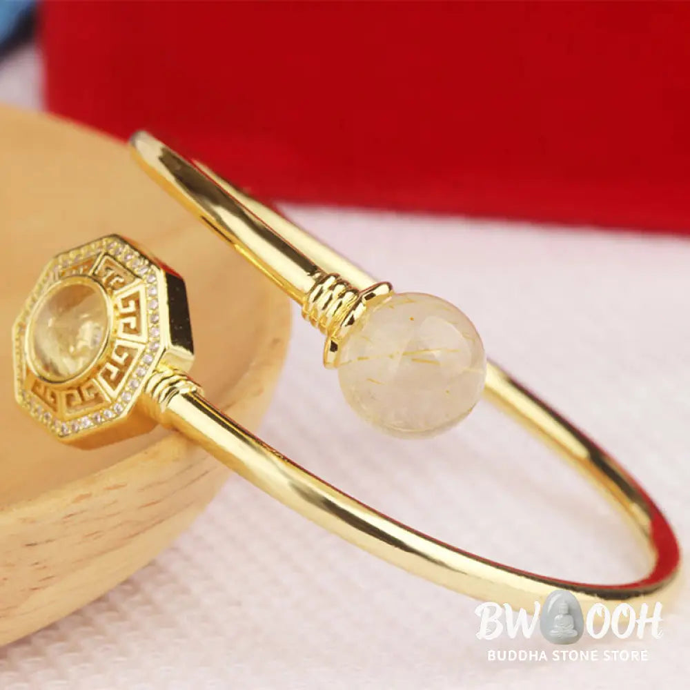 Buddha Stones Rutilated Quartz Copper Brass Rotatable Windmill Feng Sheng Shui Qi Courage Bracelet Bangle - BWOOOH