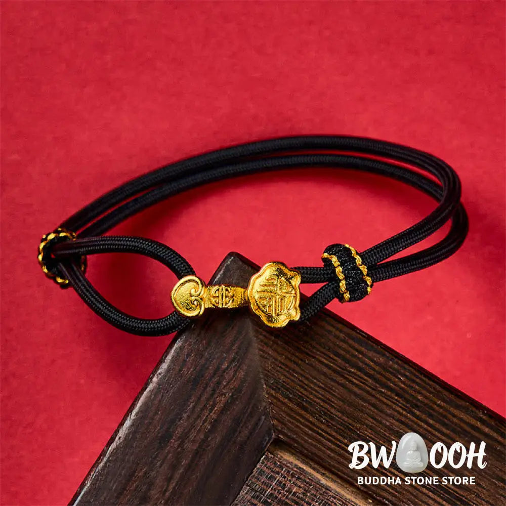 Buddha Stones Ruyi Handle Fu Character Copper Plated Gold Rope Adjustable Luck Bracelet - Bracelet