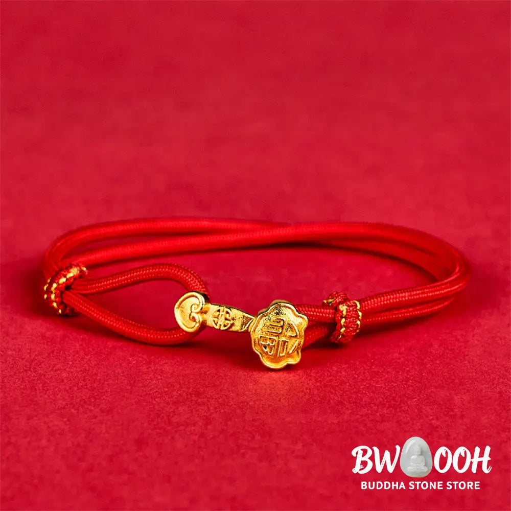 Buddha Stones Ruyi Handle Fu Character Copper Plated Gold Rope Adjustable Luck Bracelet - Bracelet