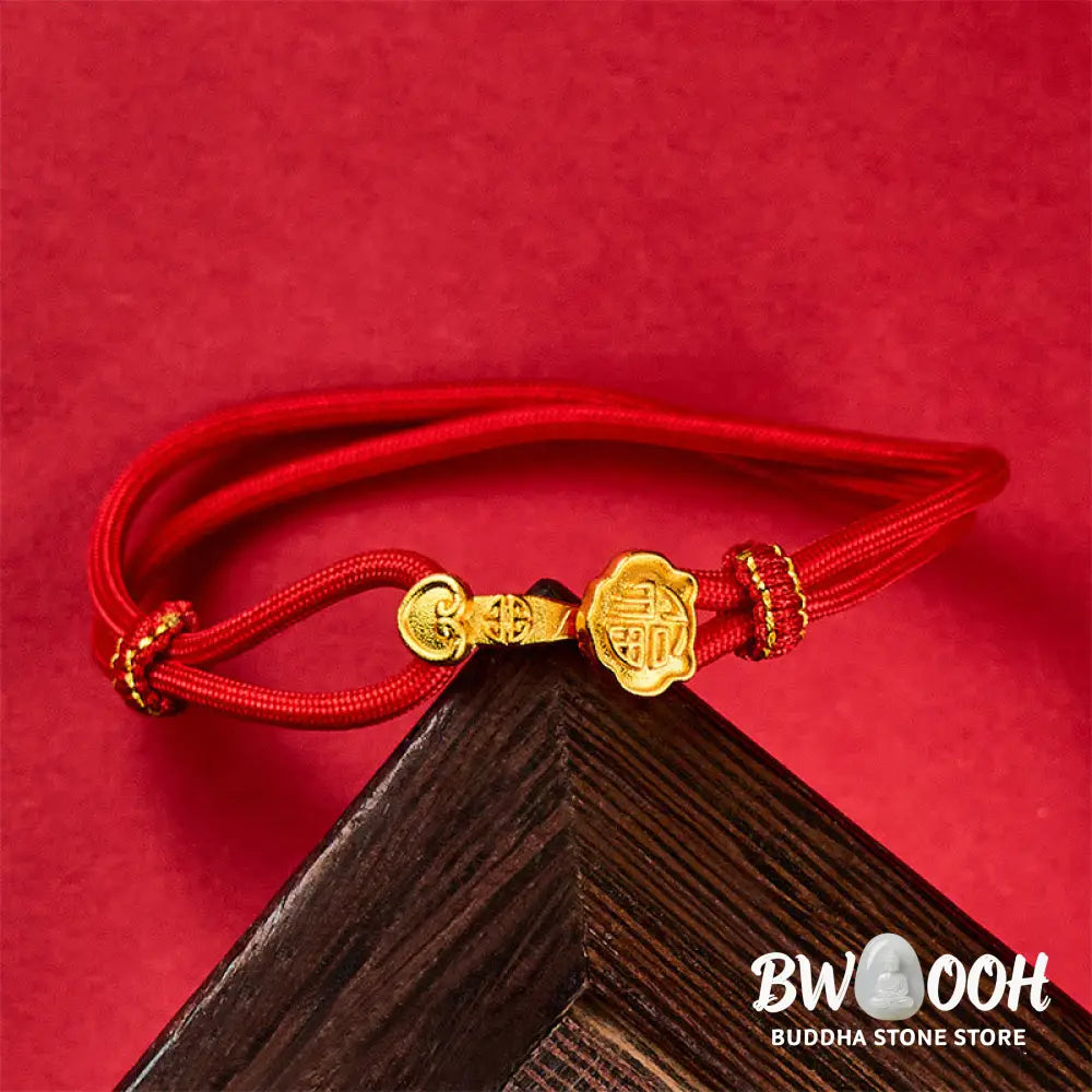 Buddha Stones Ruyi Handle Fu Character Copper Plated Gold Rope Adjustable Luck Bracelet - Bracelet