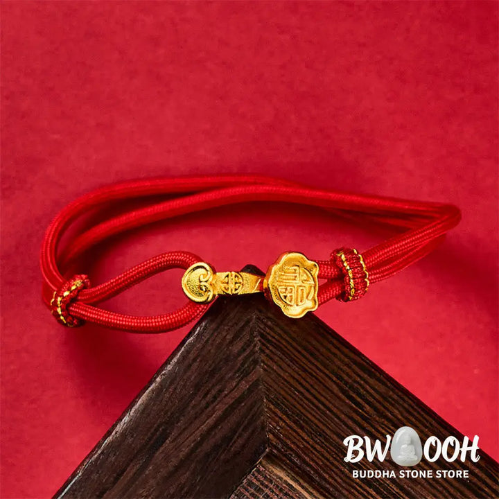 Buddha Stones Ruyi Handle Fu Character Copper Plated Gold Rope Adjustable Luck Bracelet - Bracelet