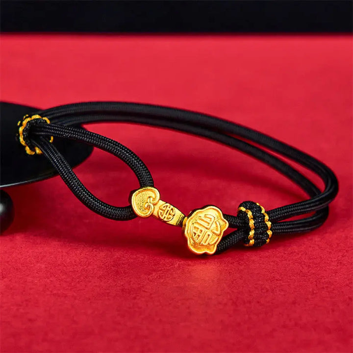 Buddha Stones Ruyi Handle Fu Character Copper Plated Gold Rope Adjustable Luck Bracelet - Black Rope(Wrist