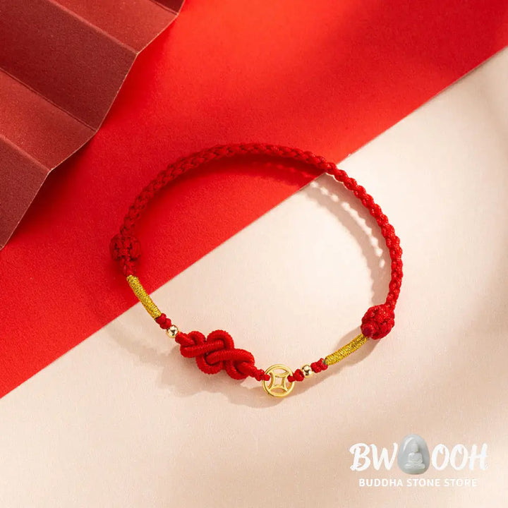 Buddha Stones Ruyi Knot Copper Coin Braided Protection Bracelet - Red String(Wrist Circumference: 15-19cm) - Bracelet