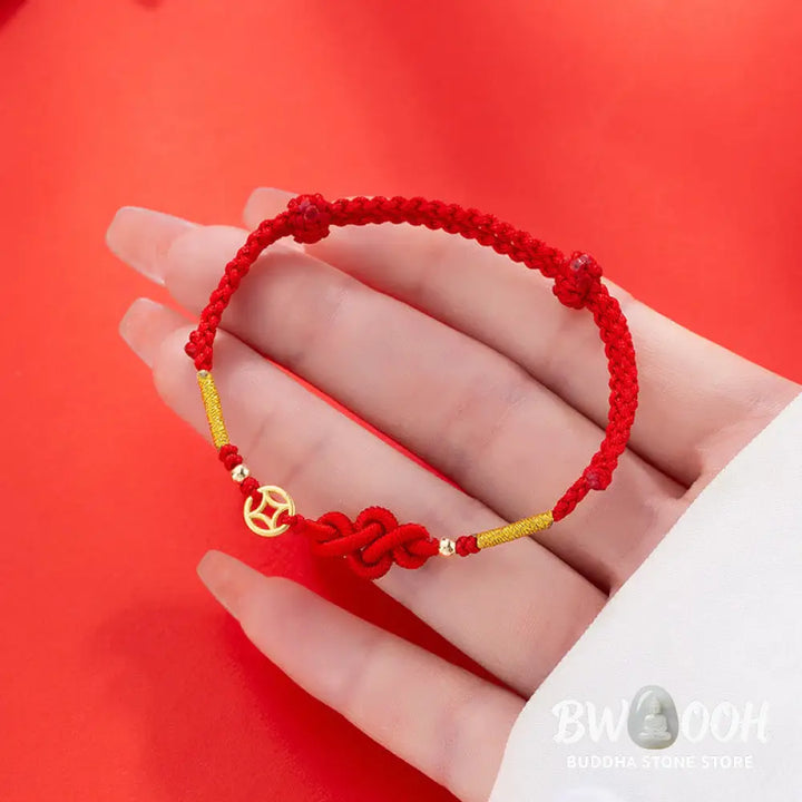 Buddha Stones Ruyi Knot Copper Coin Braided Protection Bracelet - Red String(Wrist Circumference: 15-19cm) - Bracelet