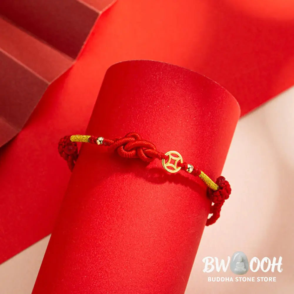 Buddha Stones Ruyi Knot Copper Coin Braided Protection Bracelet - Red String(Wrist Circumference: 15-19cm) - Bracelet