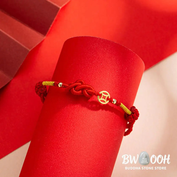 Buddha Stones Ruyi Knot Copper Coin Braided Protection Bracelet - Red String(Wrist Circumference: 15-19cm) - Bracelet