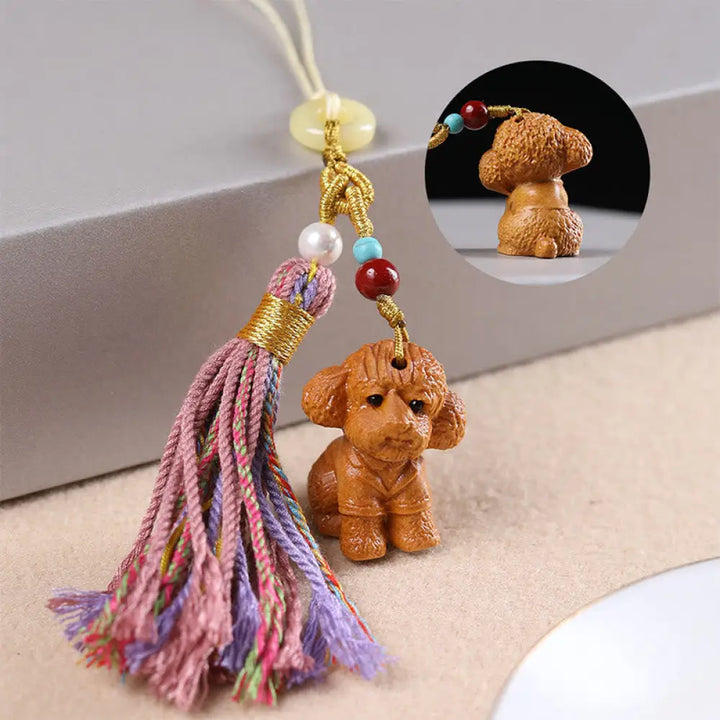 Buddha Stones Sandalwood 12 Chinese Zodiac Blessing Colorful Tassel Accessories Keychain - Dog - Key Chain