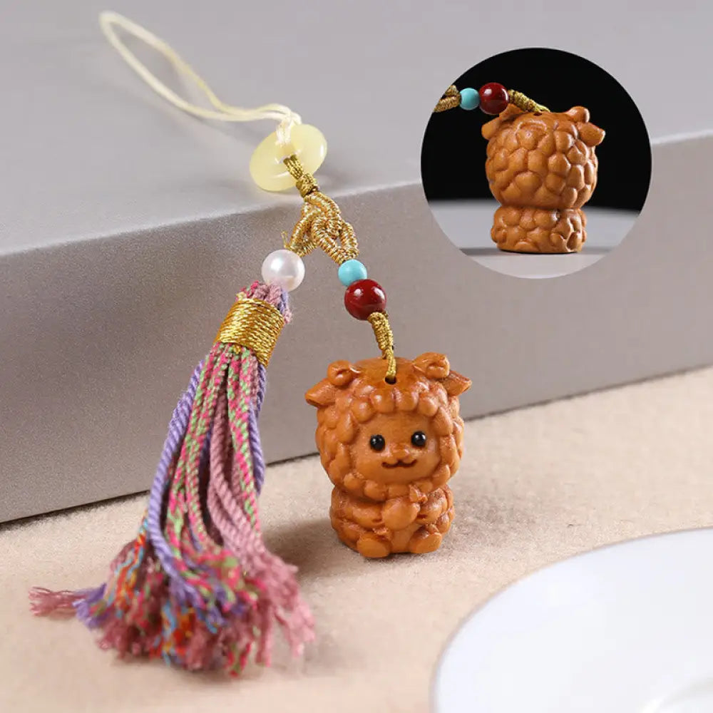 Buddha Stones Sandalwood 12 Chinese Zodiac Blessing Colorful Tassel Accessories Keychain - Goat - Key Chain