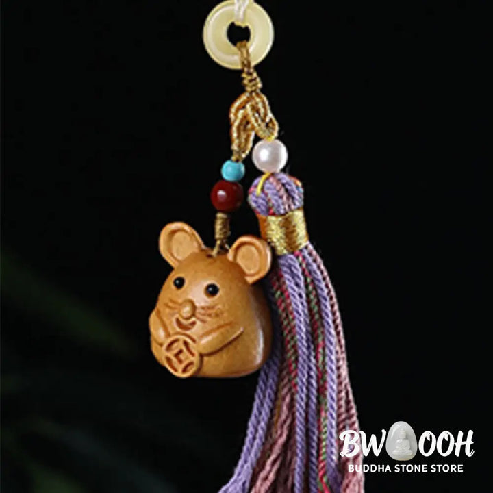 Buddha Stones Sandalwood 12 Chinese Zodiac Blessing Colorful Tassel Accessories Keychain - Key Chain