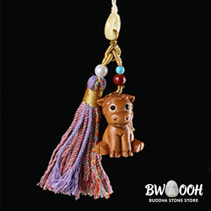 Buddha Stones Sandalwood 12 Chinese Zodiac Blessing Colorful Tassel Accessories Keychain - Key Chain
