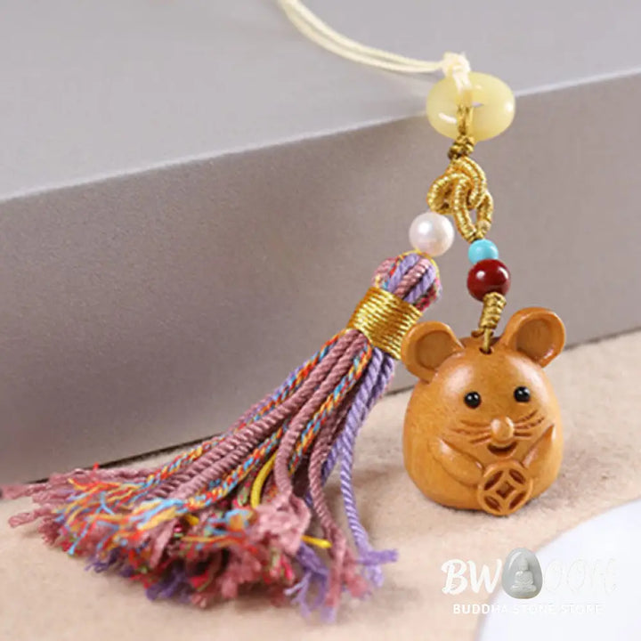Buddha Stones Sandalwood 12 Chinese Zodiac Blessing Colorful Tassel Accessories Keychain - Key Chain