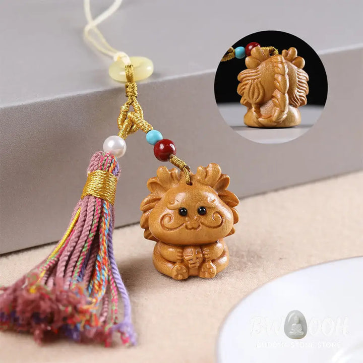 Buddha Stones Sandalwood 12 Chinese Zodiac Blessing Colorful Tassel Accessories Keychain - Key Chain