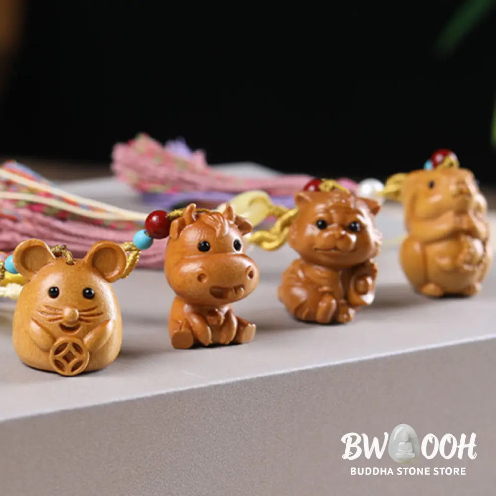 Buddha Stones Sandalwood 12 Chinese Zodiac Blessing Colorful Tassel Accessories Keychain - Key Chain