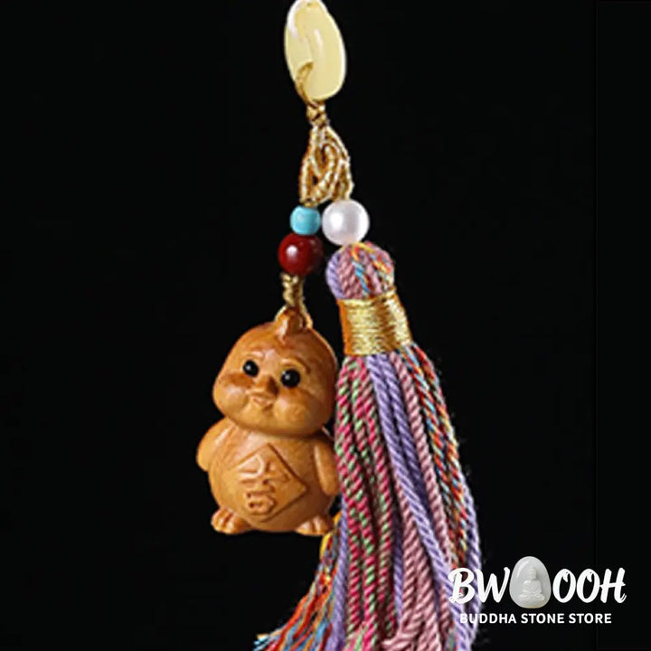 Buddha Stones Sandalwood 12 Chinese Zodiac Blessing Colorful Tassel Accessories Keychain - Key Chain