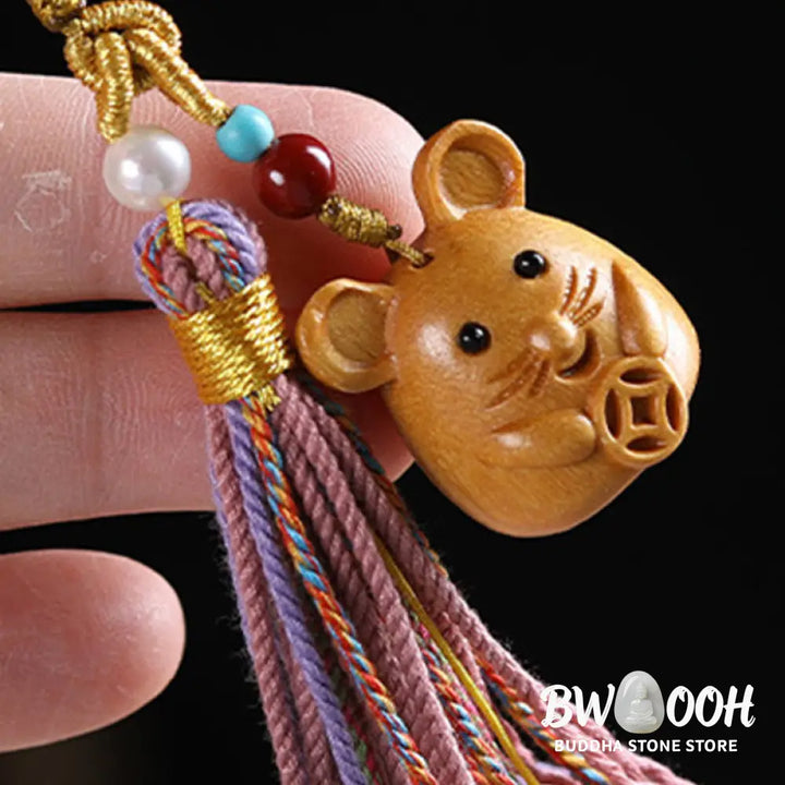 Buddha Stones Sandalwood 12 Chinese Zodiac Blessing Colorful Tassel Accessories Keychain - Key Chain