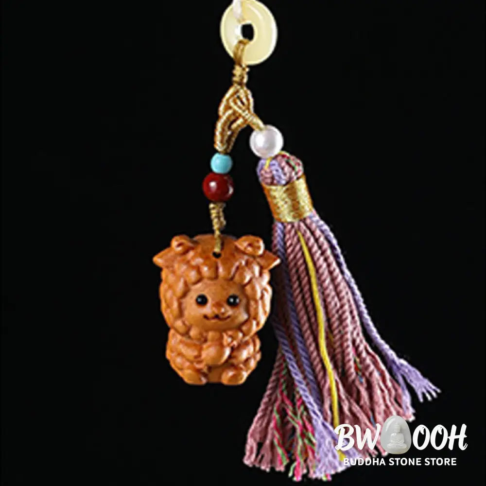 Buddha Stones Sandalwood 12 Chinese Zodiac Blessing Colorful Tassel Accessories Keychain - Key Chain