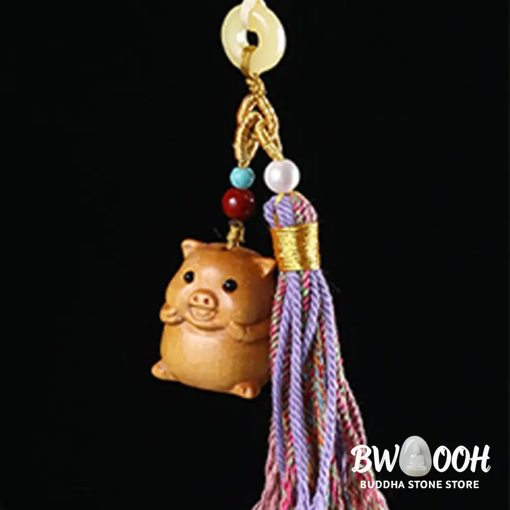 Buddha Stones Sandalwood 12 Chinese Zodiac Blessing Colorful Tassel Accessories Keychain - Key Chain