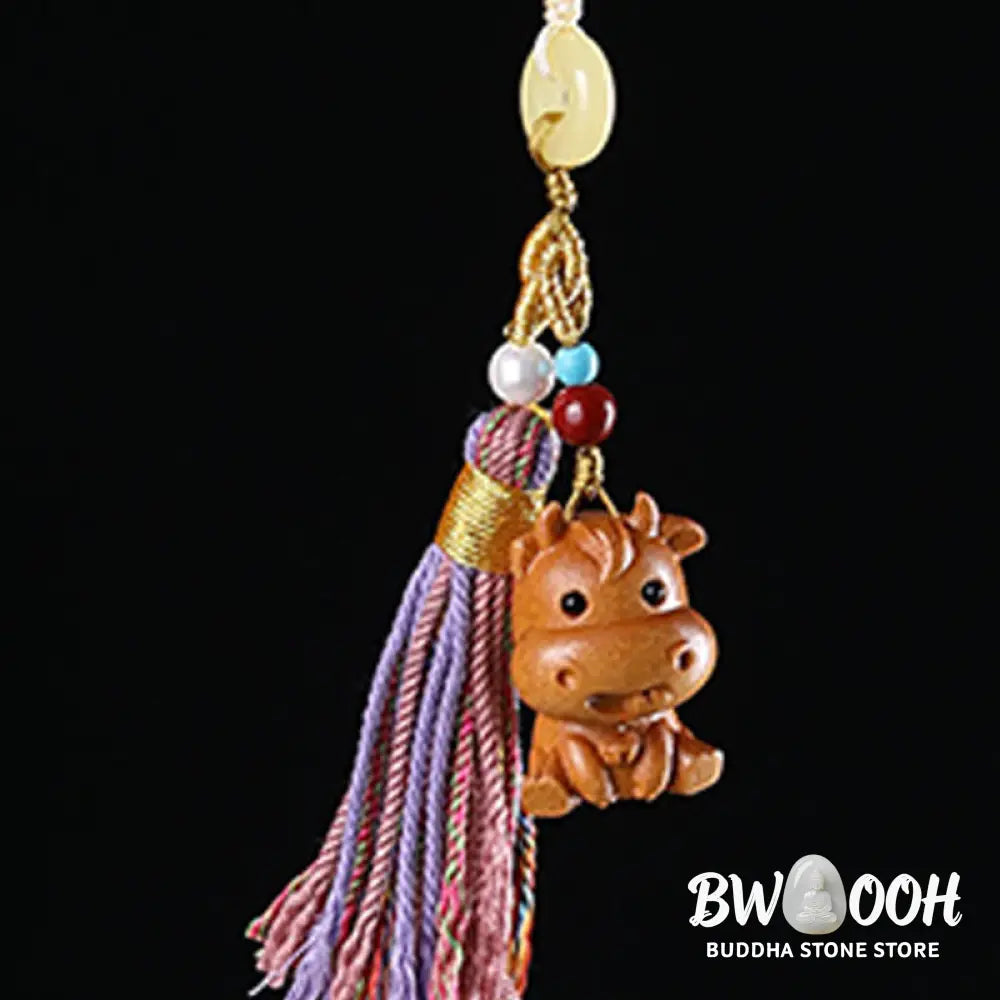 Buddha Stones Sandalwood 12 Chinese Zodiac Blessing Colorful Tassel Accessories Keychain - Key Chain