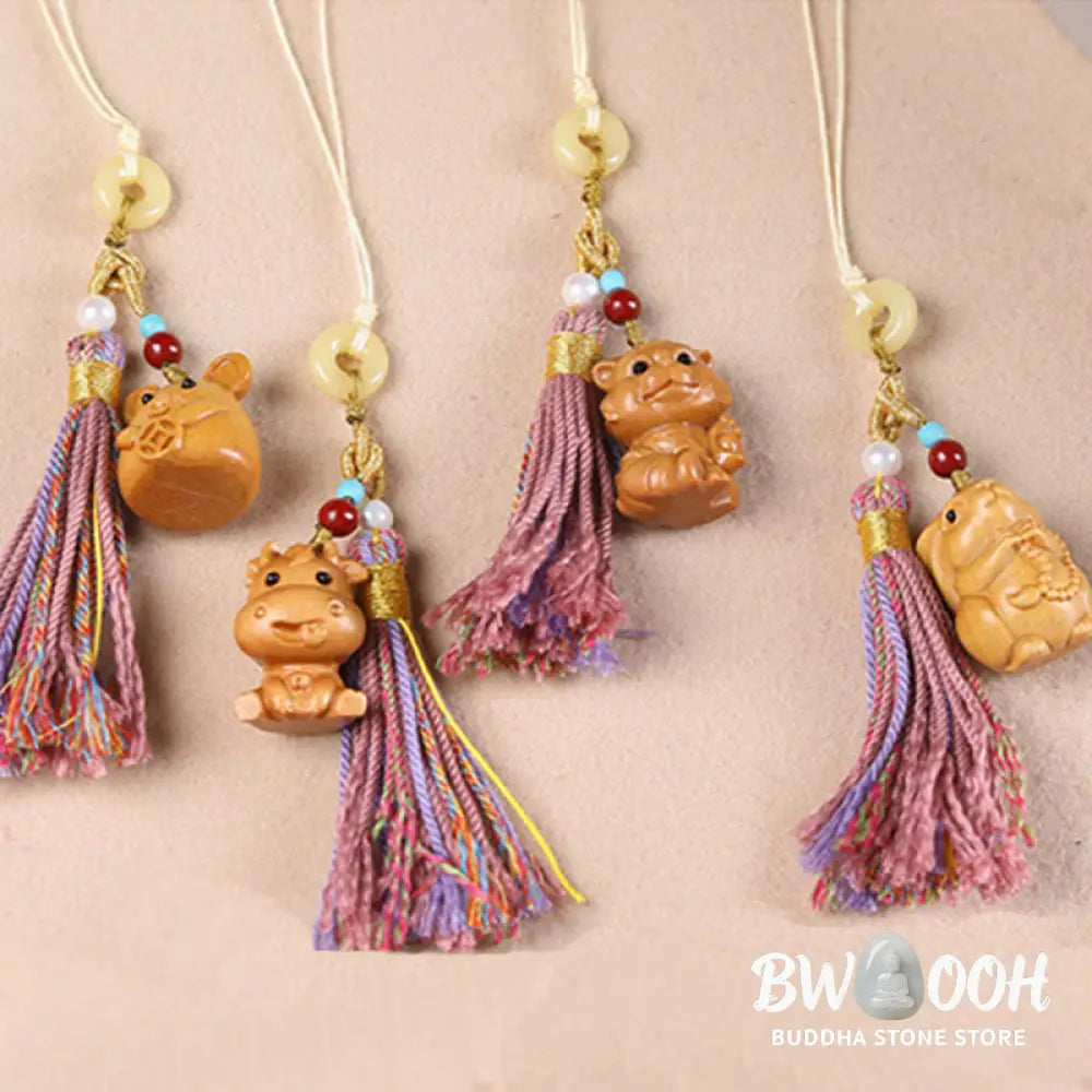 Buddha Stones Sandalwood 12 Chinese Zodiac Blessing Colorful Tassel Accessories Keychain - Key Chain