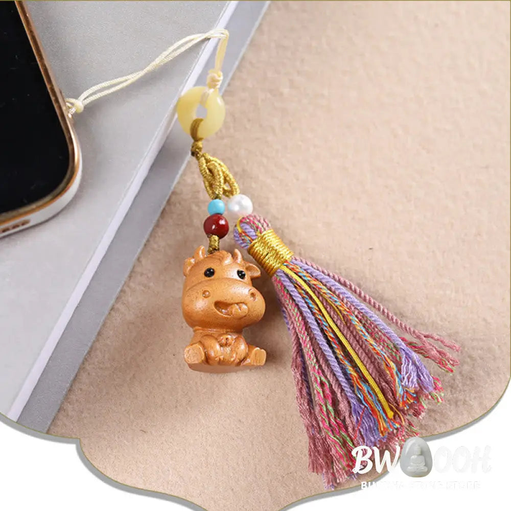 Buddha Stones Sandalwood 12 Chinese Zodiac Blessing Colorful Tassel Accessories Keychain - Key Chain
