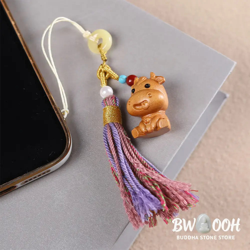 Buddha Stones Sandalwood 12 Chinese Zodiac Blessing Colorful Tassel Accessories Keychain - Key Chain