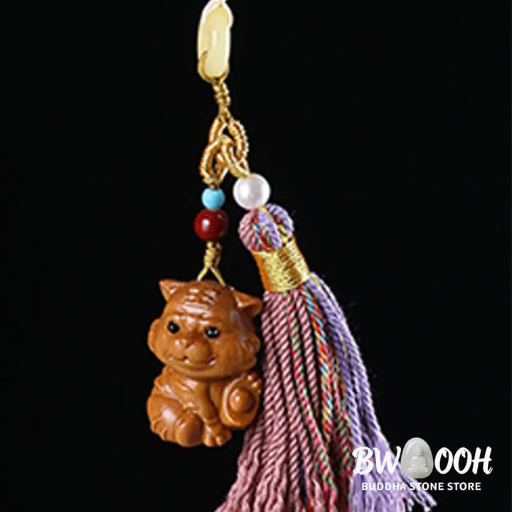 Buddha Stones Sandalwood 12 Chinese Zodiac Blessing Colorful Tassel Accessories Keychain - Key Chain