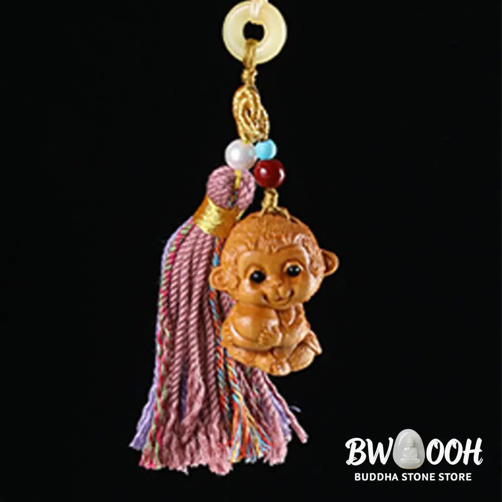 Buddha Stones Sandalwood 12 Chinese Zodiac Blessing Colorful Tassel Accessories Keychain - Key Chain
