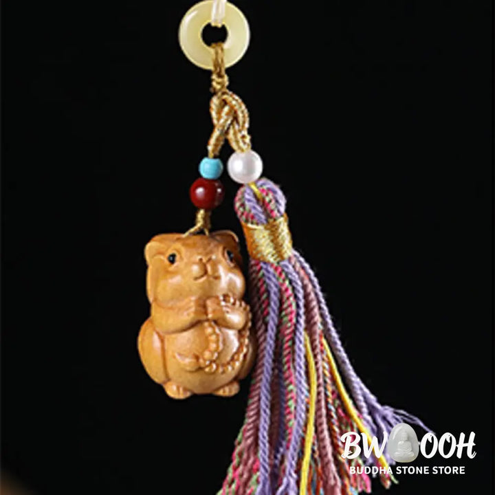 Buddha Stones Sandalwood 12 Chinese Zodiac Blessing Colorful Tassel Accessories Keychain - Key Chain