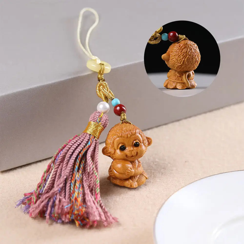 Buddha Stones Sandalwood 12 Chinese Zodiac Blessing Colorful Tassel Accessories Keychain - Monkey - Key Chain