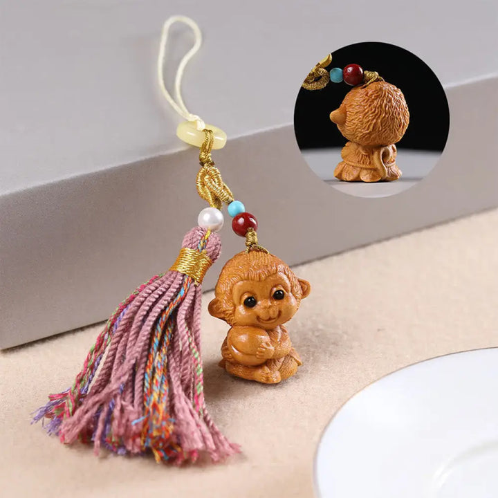 Buddha Stones Sandalwood 12 Chinese Zodiac Blessing Colorful Tassel Accessories Keychain - Monkey - Key Chain