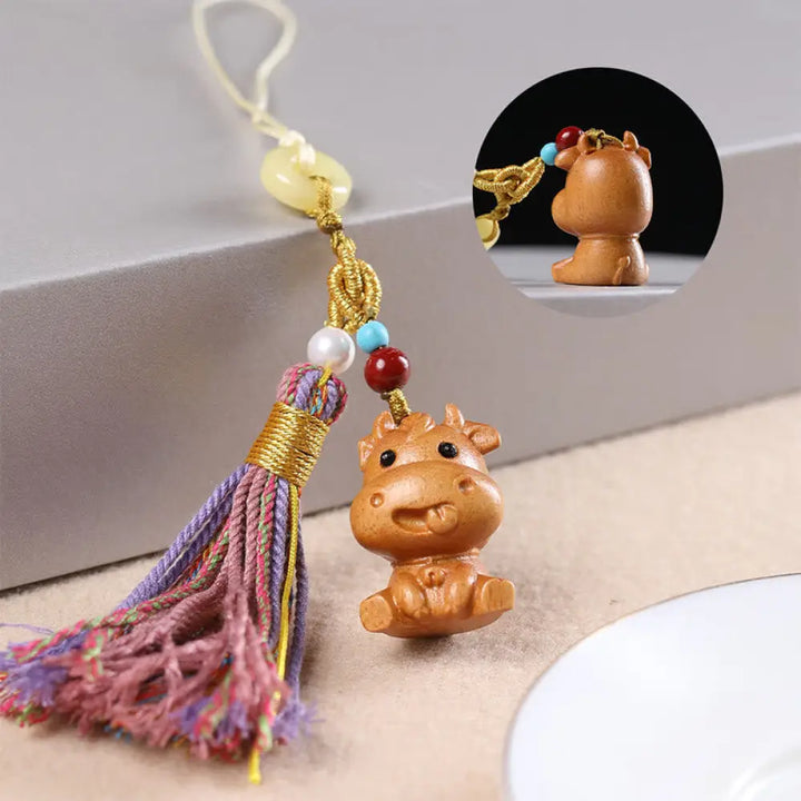 Buddha Stones Sandalwood 12 Chinese Zodiac Blessing Colorful Tassel Accessories Keychain - Ox - Key Chain