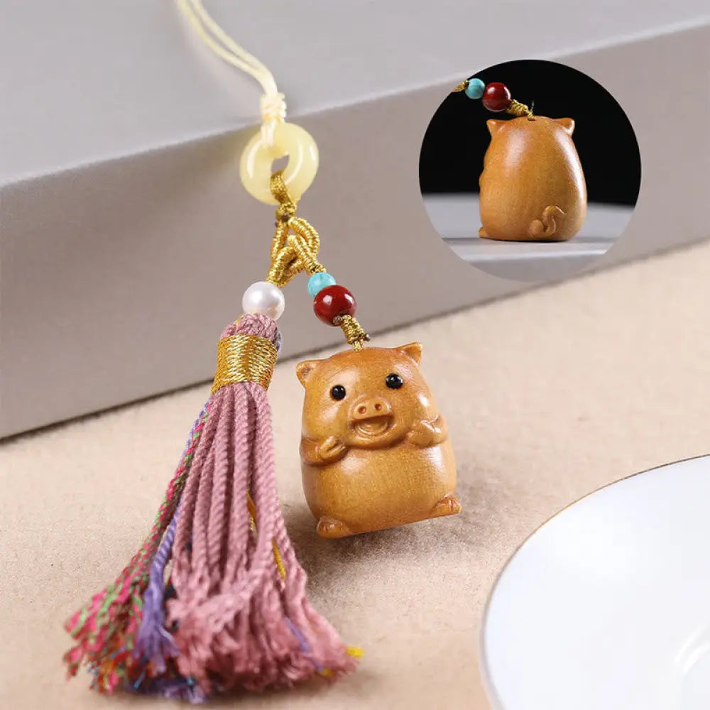 Buddha Stones Sandalwood 12 Chinese Zodiac Blessing Colorful Tassel Accessories Keychain - Pig - Key Chain