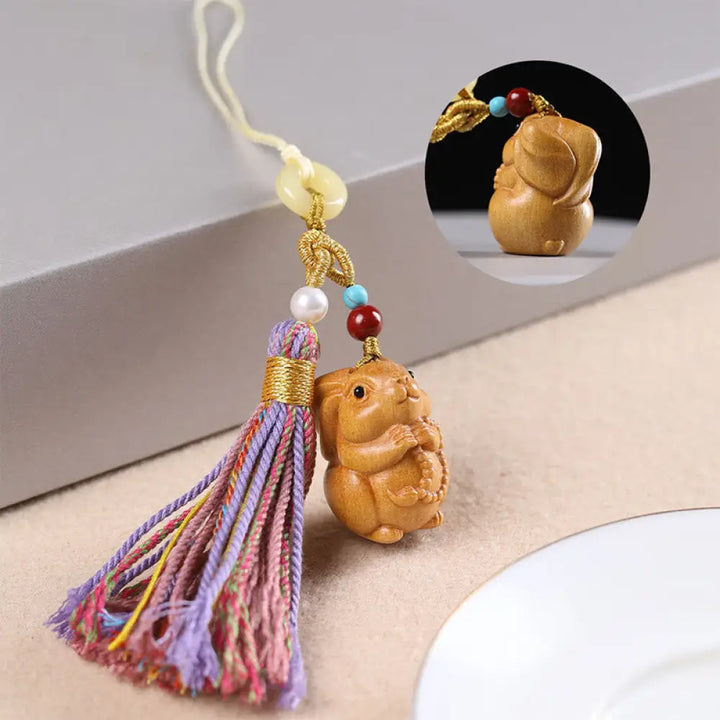 Buddha Stones Sandalwood 12 Chinese Zodiac Blessing Colorful Tassel Accessories Keychain - Rabbit - Key Chain