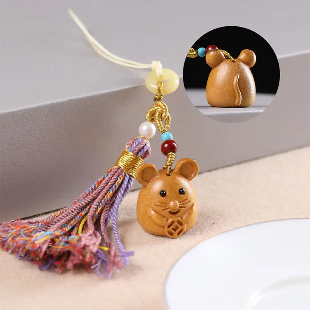 Buddha Stones Sandalwood 12 Chinese Zodiac Blessing Colorful Tassel Accessories Keychain - Rat - Key Chain