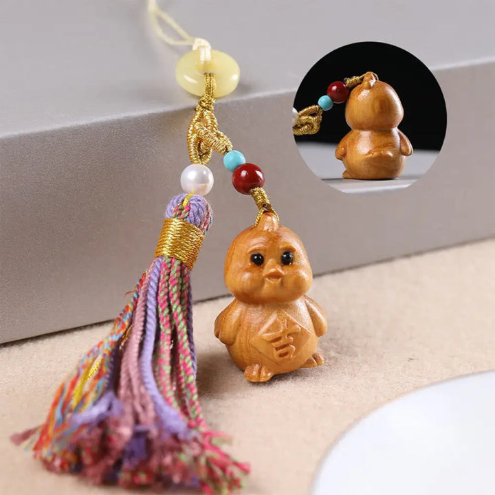 Buddha Stones Sandalwood 12 Chinese Zodiac Blessing Colorful Tassel Accessories Keychain - Rooster - Key Chain