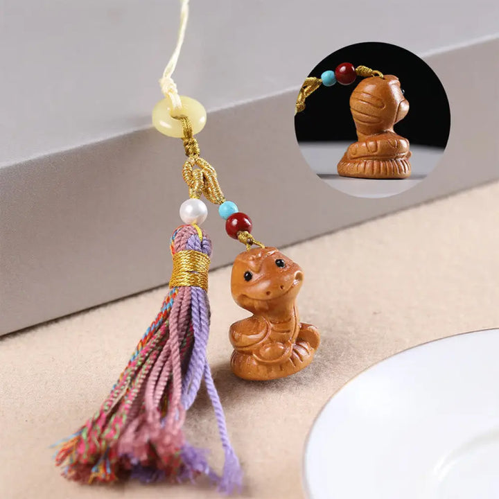 Buddha Stones Sandalwood 12 Chinese Zodiac Blessing Colorful Tassel Accessories Keychain - Snake - Key Chain