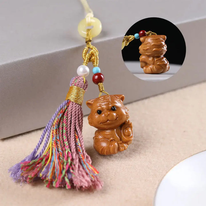Buddha Stones Sandalwood 12 Chinese Zodiac Blessing Colorful Tassel Accessories Keychain - Tiger - Key Chain