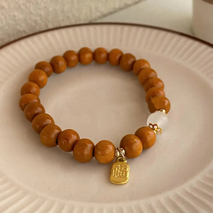 Buddha Stones Sandalwood Cat’s Eye Fu Character Charm Protection Bracelet - BWOOOH - Sandalwood Fu Character - Bracelet