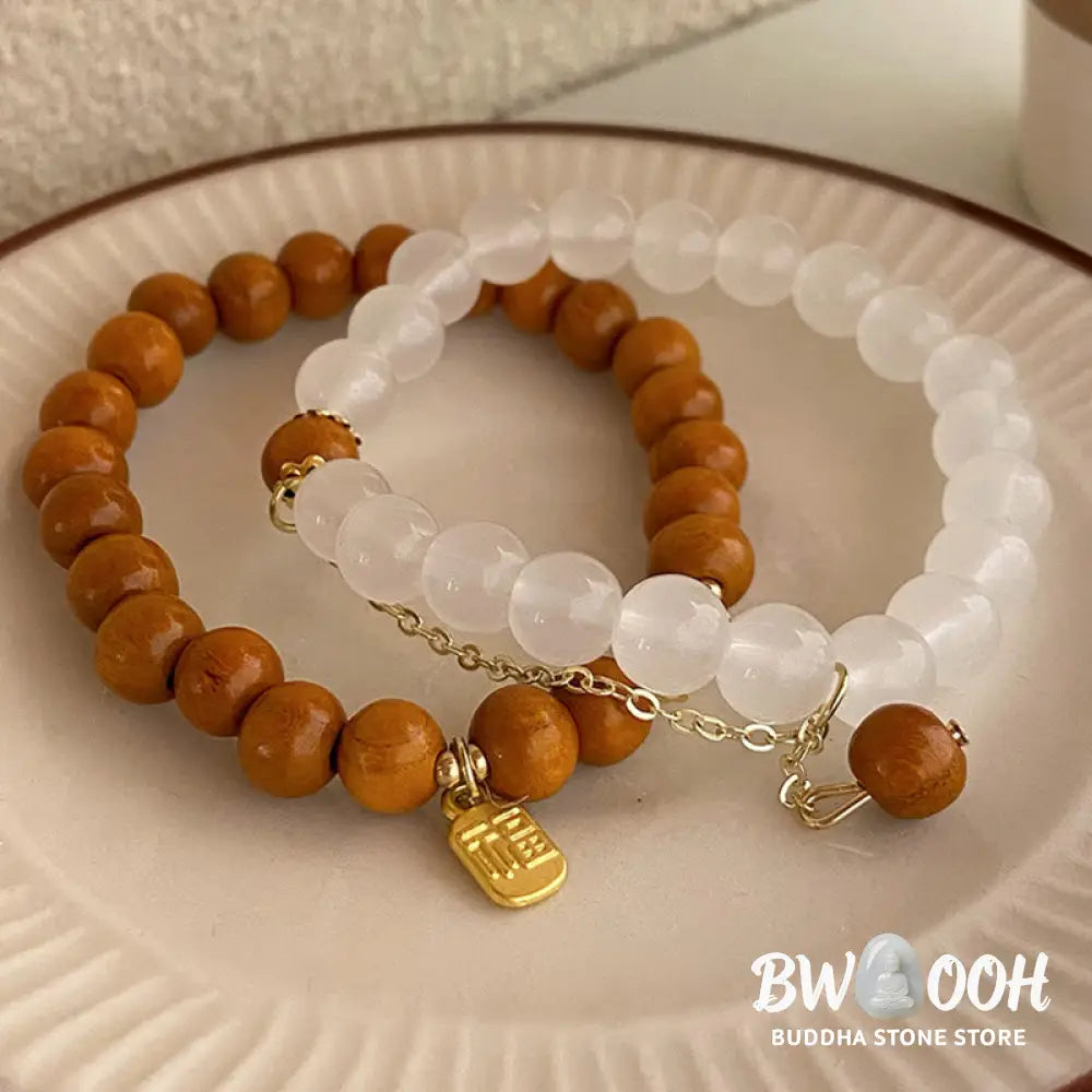 Buddha Stones Sandalwood Cat’s Eye Fu Character Charm Protection Bracelet - BWOOOH - Bracelet