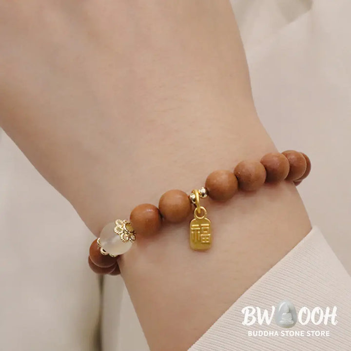 Buddha Stones Sandalwood Cat’s Eye Fu Character Charm Protection Bracelet - BWOOOH - Bracelet