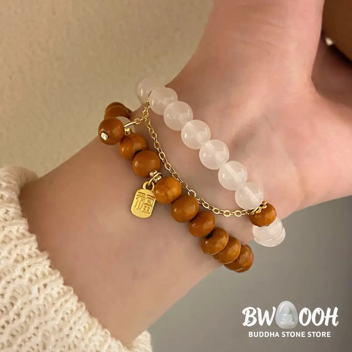 Buddha Stones Sandalwood Cat’s Eye Fu Character Charm Protection Bracelet - BWOOOH - Bracelet