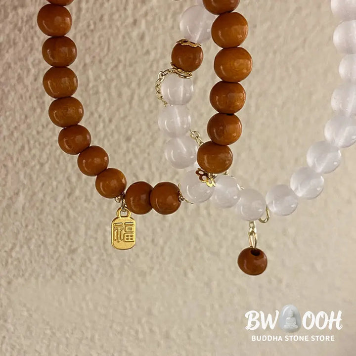 Buddha Stones Sandalwood Cat’s Eye Fu Character Charm Protection Bracelet - BWOOOH - Bracelet