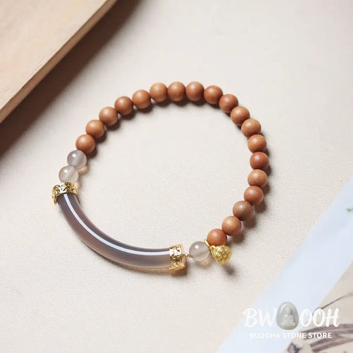 Buddha Stones Sandalwood Gray Agate Chalcedony Cuff Half Bracelet Bangle - BWOOOH - Bracelet