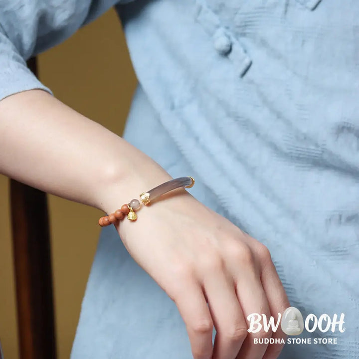 Buddha Stones Sandalwood Gray Agate Chalcedony Cuff Half Bracelet Bangle - BWOOOH - Bracelet