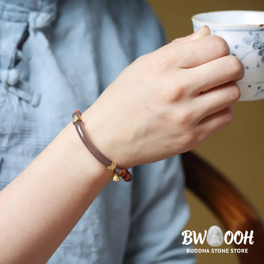 Buddha Stones Sandalwood Gray Agate Chalcedony Cuff Half Bracelet Bangle - BWOOOH - Bracelet