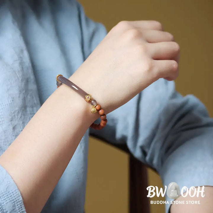 Buddha Stones Sandalwood Gray Agate Chalcedony Cuff Half Bracelet Bangle - BWOOOH - Bracelet
