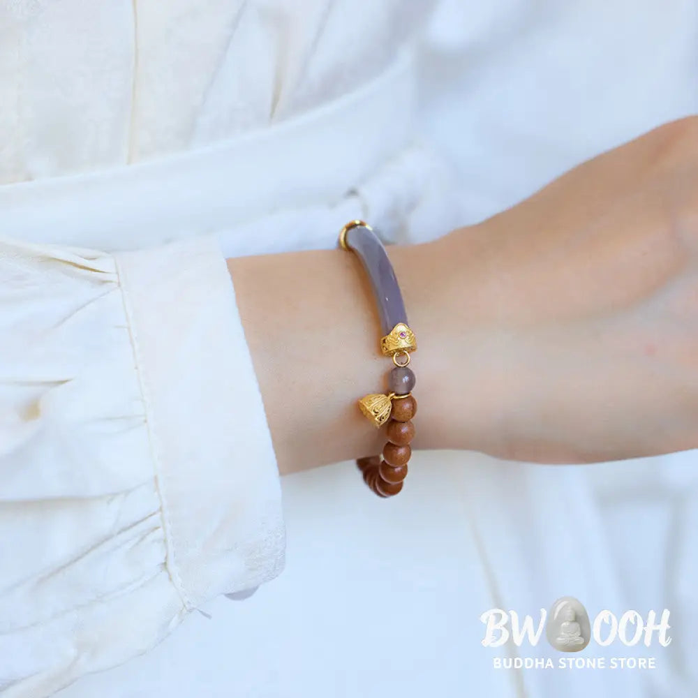 Buddha Stones Sandalwood Gray Agate Chalcedony Cuff Half Bracelet Bangle - BWOOOH - Bracelet