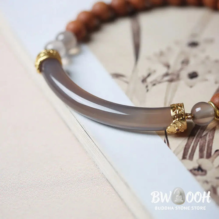 Buddha Stones Sandalwood Gray Agate Chalcedony Cuff Half Bracelet Bangle - BWOOOH - Bracelet