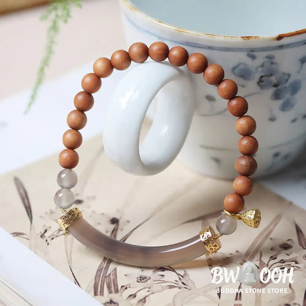 Buddha Stones Sandalwood Gray Agate Chalcedony Cuff Half Bracelet Bangle - BWOOOH - Bracelet