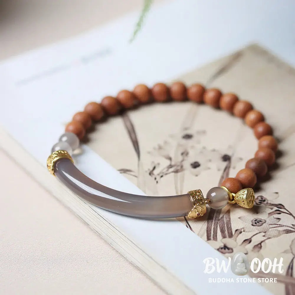 Buddha Stones Sandalwood Gray Agate Chalcedony Cuff Half Bracelet Bangle - BWOOOH - Bracelet